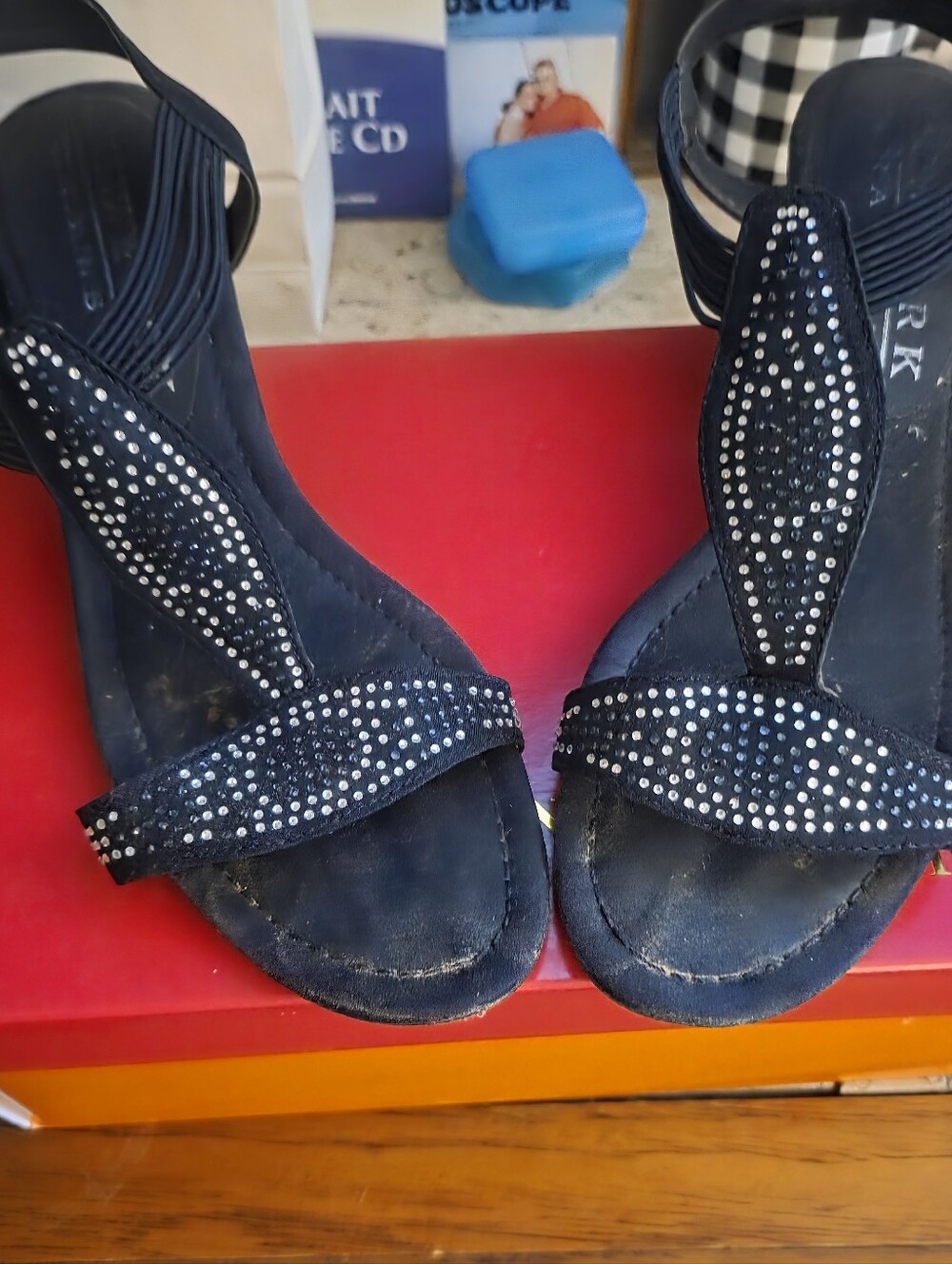 New York Transit Blue Silk Rhinestone Wedge Sandals - Size 9